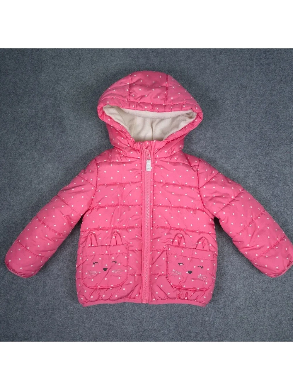 Carter’s Pink Quilted Polka Dot Puffer Jacket 24M Fleece Lined Winter Coat